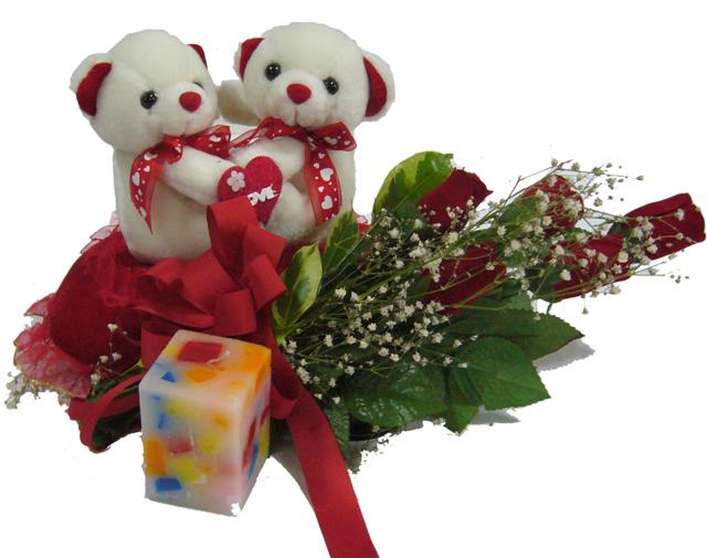 5 adet kirmizi g�l , oyuncak ve mum hediyeligi