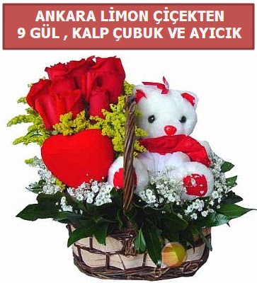Kalp �ubuk sepette 9 g�l ve ay�c�k H�rriyet Mah 14 �ubat sevgililer g�n� �i�ek  