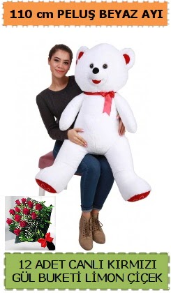 110 cm beyaz kocaman pelu� ay� ve 12 g�l Ankara Sincan cicekci 