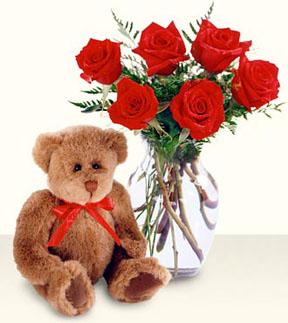 Mara�al�akmak Mah sevgilime hediye �i�ek  cam yada mika vazo i�erisinde 6 adet g�l ve ayicik