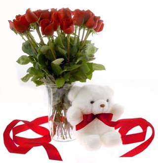 Sincan �nternetten �i�ek sipari�i  12 adet kirmizi g�l ve pelus ayicik