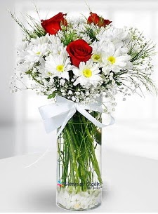 3 k�rm�z� g�l ve krizantemler camda me�rutiyet �i�ek�i ma�azas� 