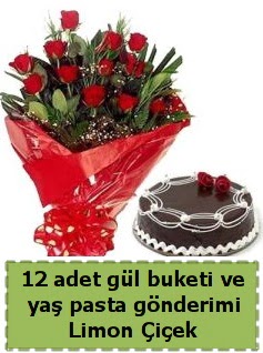 12 adet k�rm�z� g�l buketi ve ya� pasta Plevne Mahallesi �i�ek ma�azas� 