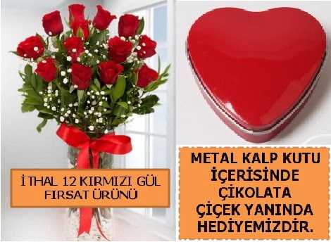 12 adet k�rm�z� g�l ve kalp kutuda �ikolata H�rriyet Mah 14 �ubat sevgililer g�n� �i�ek 