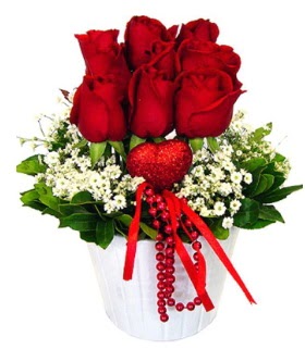 9 k�rm�z� g�l seramik ve kalp �ubuk Ankara Sincan cicekci 
