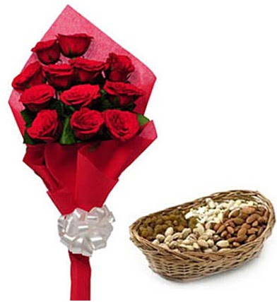 11 adet k�rm�z� g�l ve sepette kuruyemi� Tando�an Mah g�venli kaliteli h�zl� �i�ek 