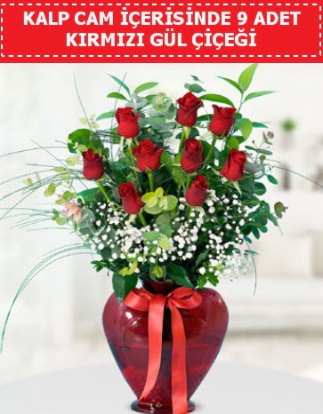 K�rm�z� kalp camda 9 k�rm�z� g�l Mara�al�akmak Mah sevgilime hediye �i�ek 