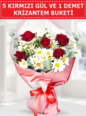 5 adet k�rm�z� g�l ve krizantem buketi Mara�al�akmak Mah sevgilime hediye �i�ek 